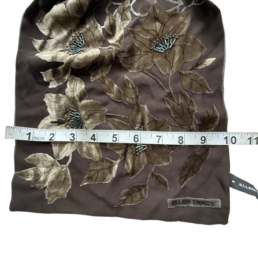 Ellen Tracy Brown Silk Velvet Beaded Floral Embroidered Scarf - Picture 9 of 10